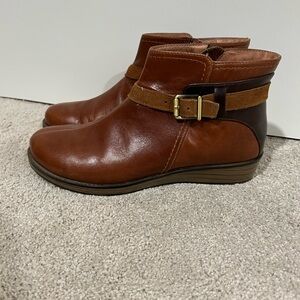 Naot Leather Zip Buckle Low Wedge Bootie